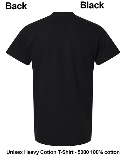 Black short-sleeve T-shirt shown from the back on a white background, with text labels reading 'Back' and 'Black' at the top and 'Unisex Heavy Cotton T-Shirt - 5000 100% cotton' at the bottom. custom t-shirt print