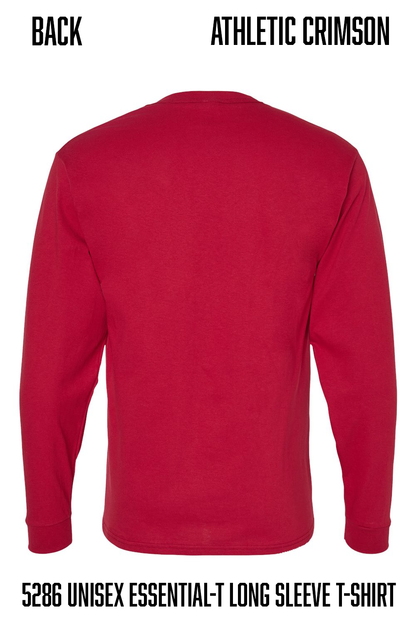 Back view of a long-sleeve crewneck t-shirt in athletic crimson, labeled with text 'BACK ATHLETIC CRIMSON' at the top and '5286 UNISEX ESSENTIAL-T LONG SLEEVE T-SHIRT' at the bottom on a white background.