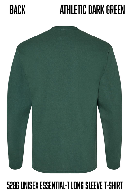 Back view of an athletic long-sleeve t-shirt in dark green, labeled with text 'BACK ATHLETIC DARK GREEN' and '5286 UNISEX ESSENTIAL-T LONG SLEEVE T-SHIRT' on a white background.