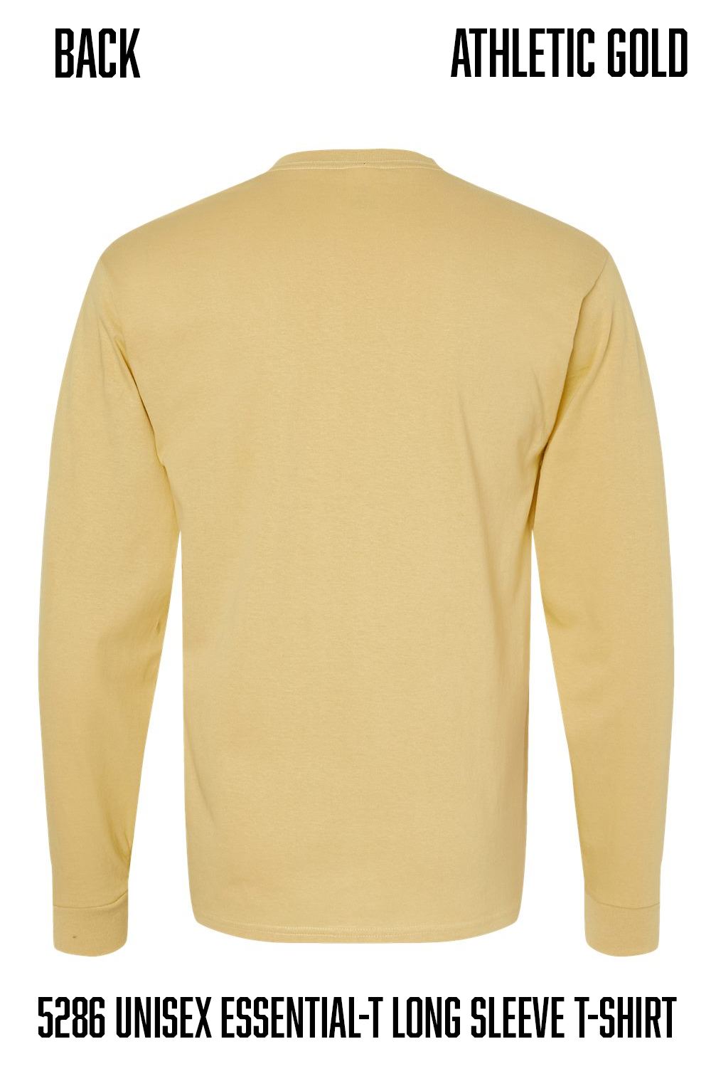 Back view of a long-sleeve athletic t-shirt in 'Athletic Gold' on a white background, with text overlays indicating 'BACK' and product code '5286 UNISEX ESSENTIAL-T LONG SLEEVE T-SHIRT'.