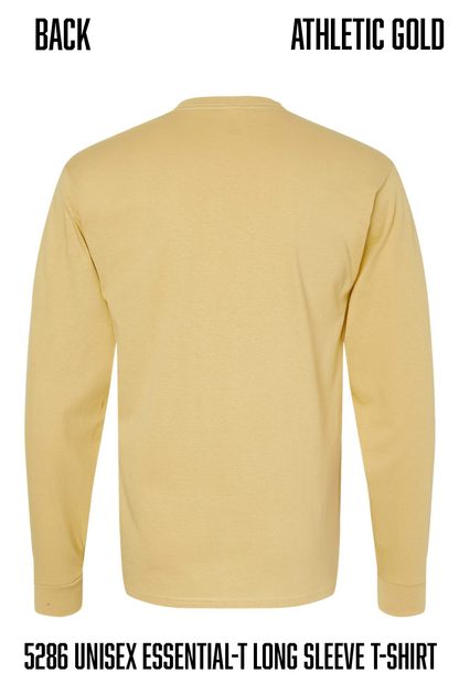 Back view of a long-sleeve athletic t-shirt in 'Athletic Gold' on a white background, with text overlays indicating 'BACK' and product code '5286 UNISEX ESSENTIAL-T LONG SLEEVE T-SHIRT'.