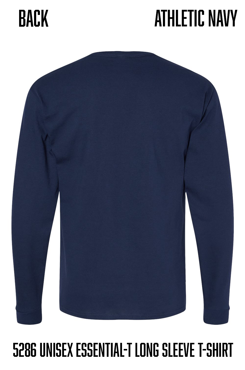 Back view of an athletic navy long-sleeve t-shirt on a white background, with text labels 'BACK' and 'ATHLETIC NAVY' at the top and product code '5286 UNISEX ESSENTIAL-T LONG SLEEVE T-SHIRT' at the bottom.