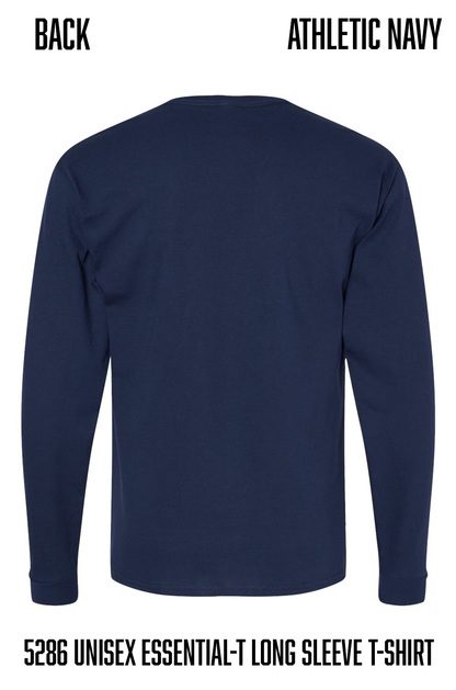 Back view of an athletic navy long-sleeve t-shirt on a white background, with text labels 'BACK' and 'ATHLETIC NAVY' at the top and product code '5286 UNISEX ESSENTIAL-T LONG SLEEVE T-SHIRT' at the bottom.