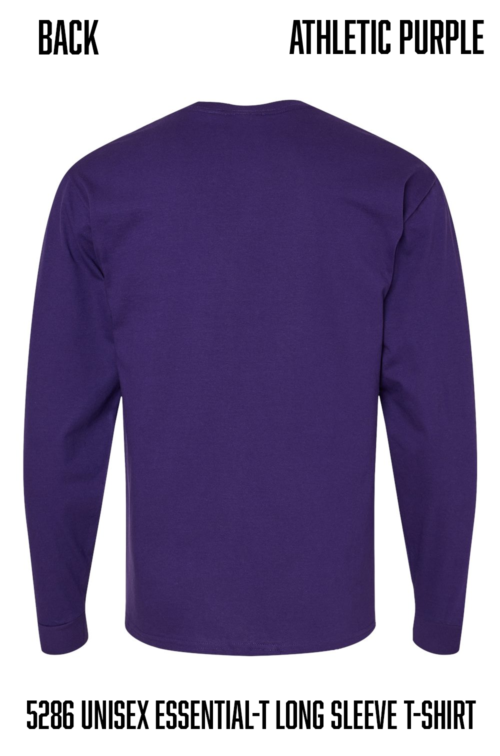 Back view of a purple long-sleeve t-shirt on a white background, with text labels reading 'BACK', 'ATHLETIC PURPLE', and '5286 UNISEX ESSENTIAL-T LONG SLEEVE T-SHIRT'.