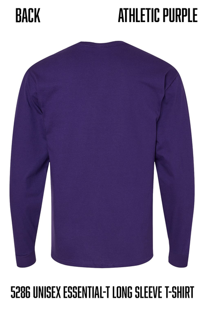 Back view of a purple long-sleeve t-shirt on a white background, with text labels reading 'BACK', 'ATHLETIC PURPLE', and '5286 UNISEX ESSENTIAL-T LONG SLEEVE T-SHIRT'.