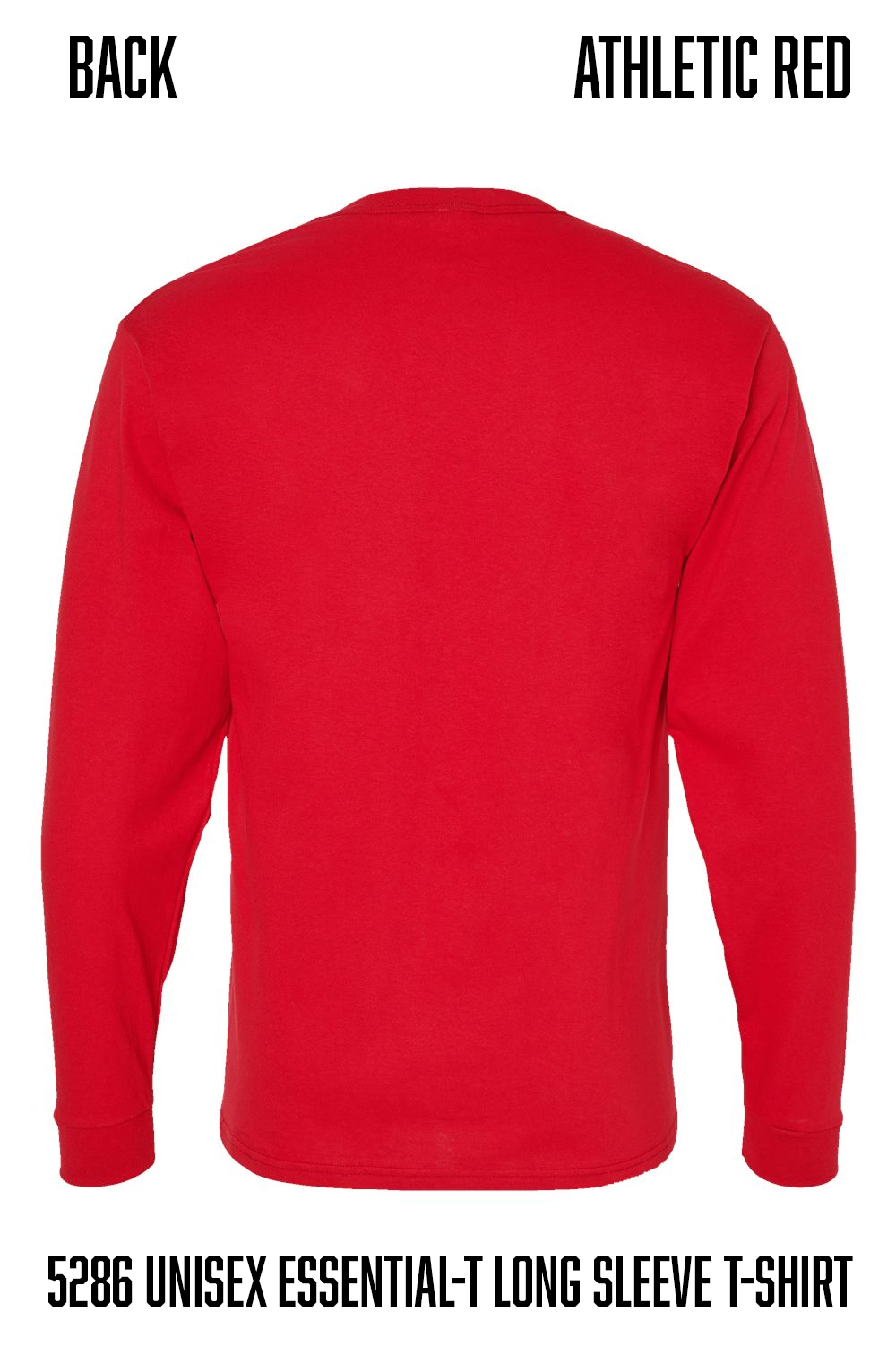 The back view of a red long-sleeve t-shirt on a white background, with text overlays reading 'BACK', 'ATHLETIC RED', and '5286 UNISEX ESSENTIAL-T LONG SLEEVE T-SHIRT'.