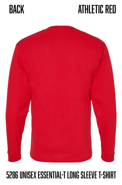 The back view of a red long-sleeve t-shirt on a white background, with text overlays reading 'BACK', 'ATHLETIC RED', and '5286 UNISEX ESSENTIAL-T LONG SLEEVE T-SHIRT'.