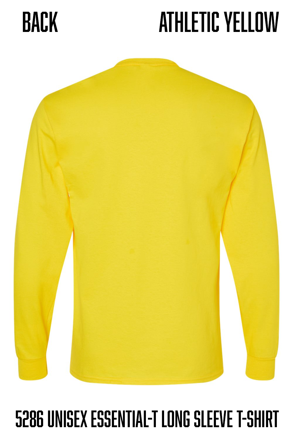 A bright athletic yellow long-sleeve t-shirt shown from the back on a white background, with text reading 'BACK ATHLETIC YELLOW' at the top and '5286 UNISEX ESSENTIAL-T LONG SLEEVE T-SHIRT' at the bottom.