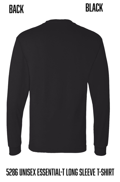 Back view of a black long-sleeve t-shirt on a white background, with text labels 'BACK' and 'BLACK' at the top and '5286 UNISEX ESSENTIAL-T LONG SLEEVE T-SHIRT' at the bottom.