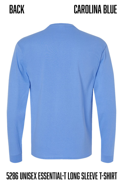 Back view of a Carolina Blue long-sleeve t-shirt on a white background, with text labels 'BACK' and 'CAROLINA BLUE' at the top and 'hanes 5286 UNISEX ESSENTIAL-T LONG SLEEVE T-SHIRT' at the bottom.