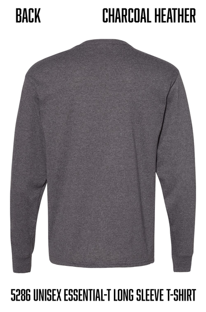 Back view of a charcoal heather long-sleeve t-shirt on a white background, with text labels 'BACK' and 'CHARCOAL HEATHER' at the top and '5286 UNISEX ESSENTIAL-T LONG SLEEVE T-SHIRT' at the bottom.