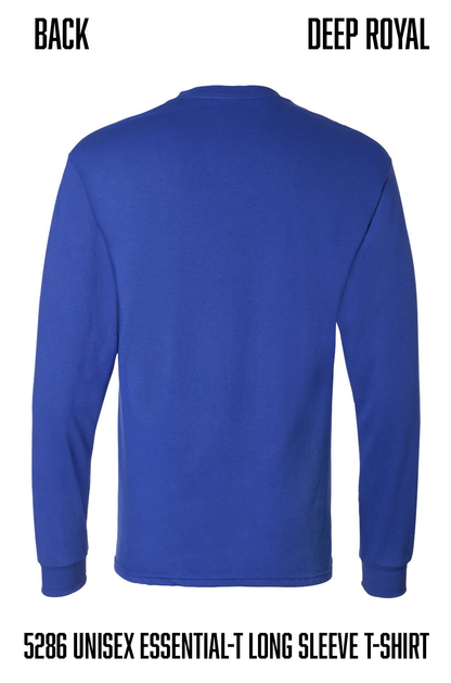 Back view of a royal blue long-sleeve t-shirt on a white background, with text labels 'BACK' and 'DEEP ROYAL' at the top and product code text at the bottom.