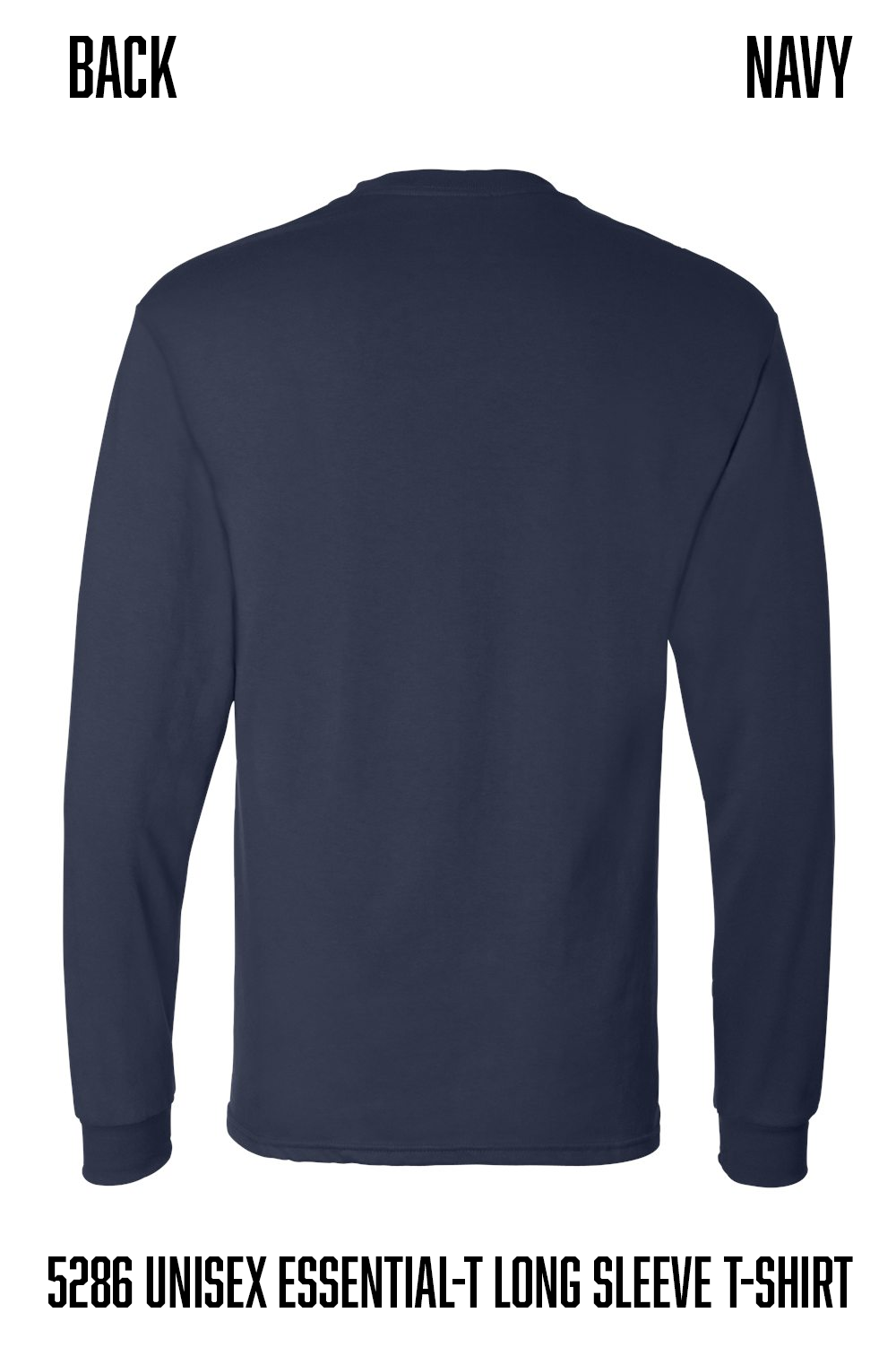 Back view of a navy blue long-sleeve t-shirt on a white background, with text labels 'BACK' and 'NAVY' at the top and '5286 UNISEX ESSENTIAL-T LONG SLEEVE T-SHIRT' at the bottom.