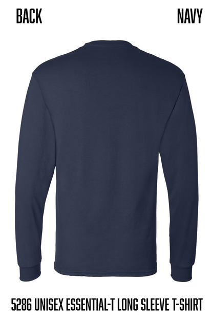 Back view of a navy blue long-sleeve t-shirt on a white background, with text labels 'BACK' and 'NAVY' at the top and '5286 UNISEX ESSENTIAL-T LONG SLEEVE T-SHIRT' at the bottom.