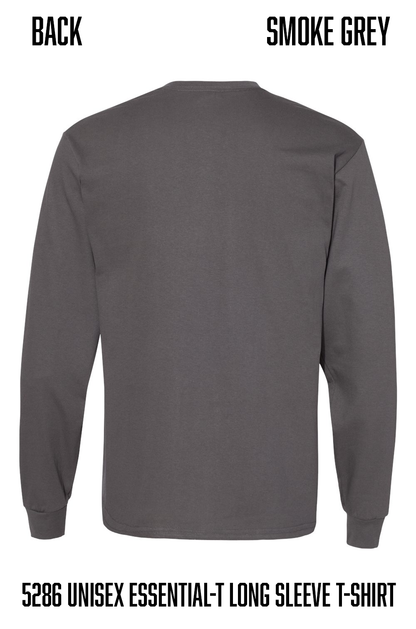 Back view of a smoke grey long-sleeve t-shirt on a white background, with text labels indicating 'BACK' and 'SMOKE GREY' at the top and product code text at the bottom.