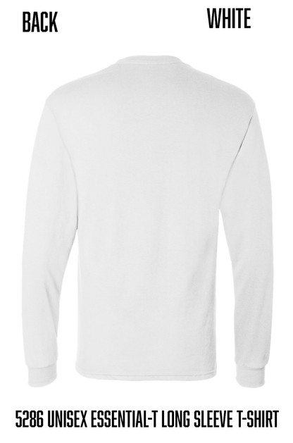 White long-sleeve t-shirt shown from the back on a plain white background, with text labels reading BACK and WHITE at the top and product code text at the bottom.