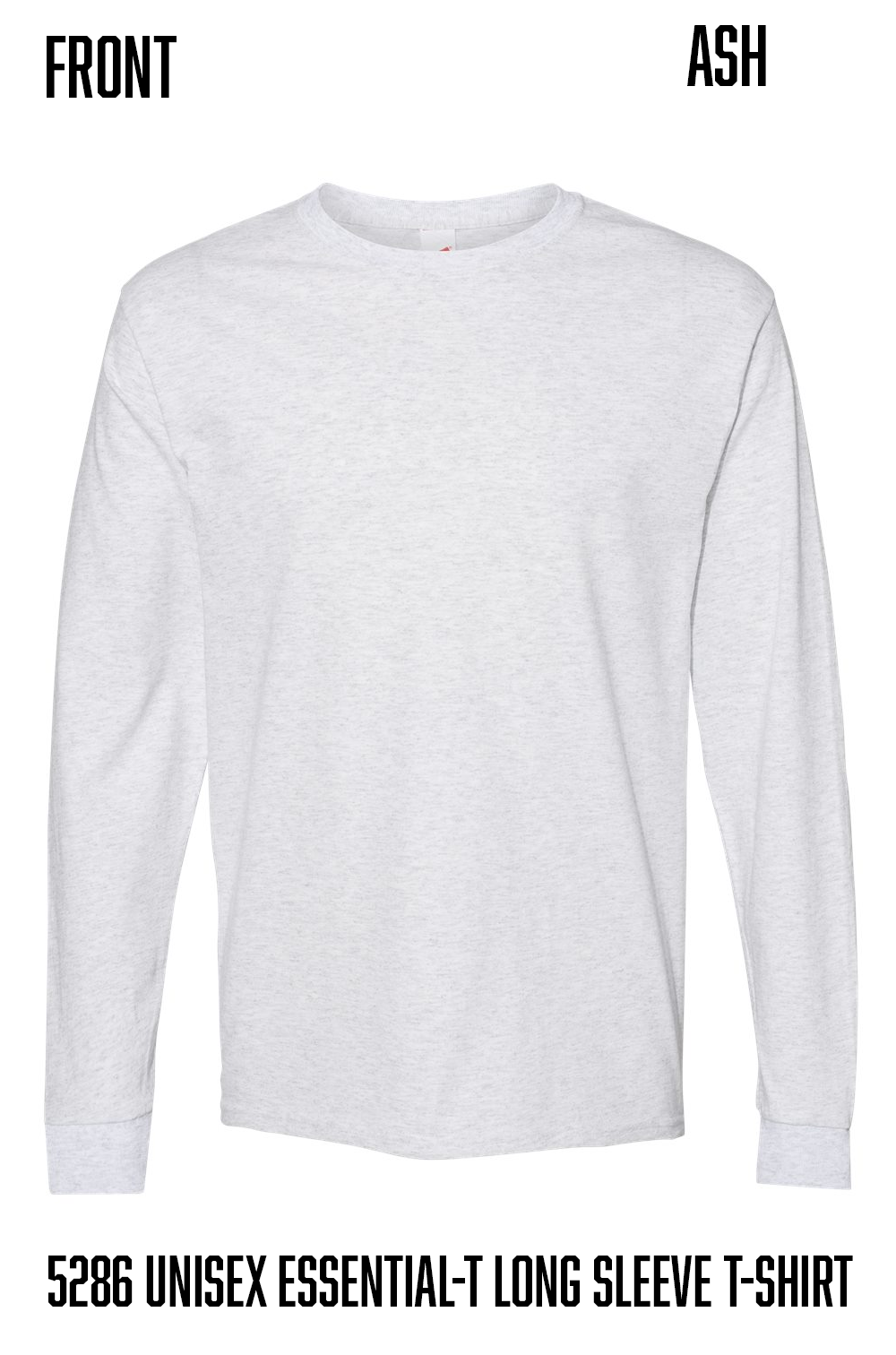 A light ash gray long-sleeve crewneck t-shirt shown from the front on a white background, with text labels 'FRONT' and 'ASH' at the top and '5286 UNISEX ESSENTIAL-T LONG SLEEVE T-SHIRT' at the bottom.
