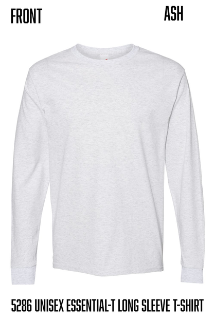 A light ash gray long-sleeve crewneck t-shirt shown from the front on a white background, with text labels 'FRONT' and 'ASH' at the top and '5286 UNISEX ESSENTIAL-T LONG SLEEVE T-SHIRT' at the bottom.