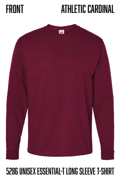 A maroon long-sleeve crewneck t-shirt shown from the front on a white background, with text overlays reading 'FRONT', 'ATHLETIC CARDINAL', and '5286 UNISEX ESSENTIAL-T LONG SLEEVE T-SHIRT'.