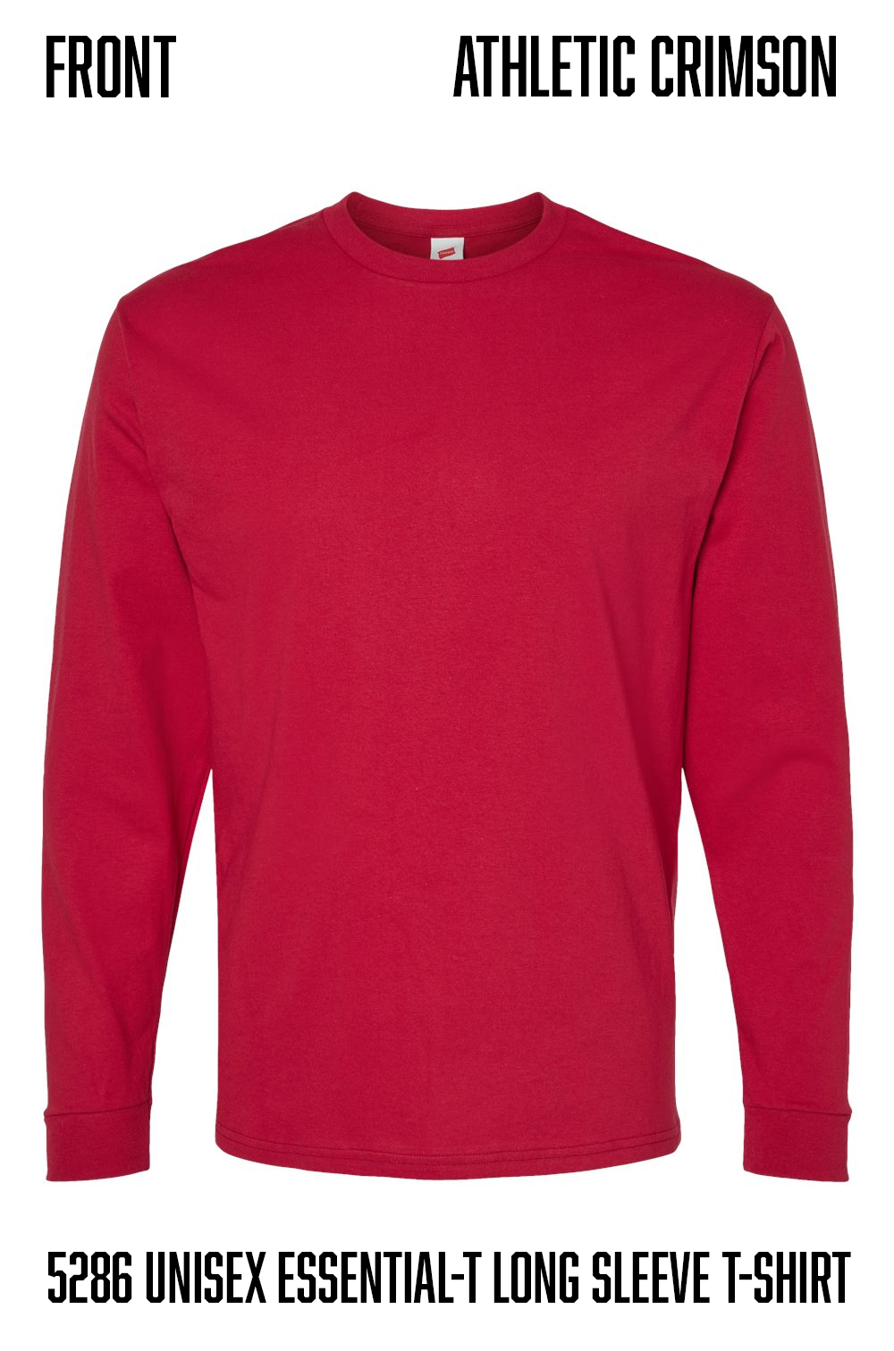 A red long-sleeve crewneck t-shirt shown flat against a white background, with text labels reading 'ATHLETIC CRIMSON' and '5286 UNISEX ESSENTIAL-T LONG SLEEVE T-SHIRT'.