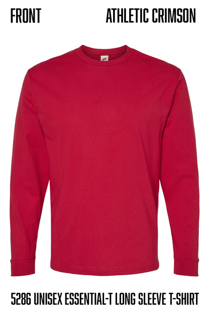 A red long-sleeve crewneck t-shirt shown flat against a white background, with text labels reading 'ATHLETIC CRIMSON' and '5286 UNISEX ESSENTIAL-T LONG SLEEVE T-SHIRT'.