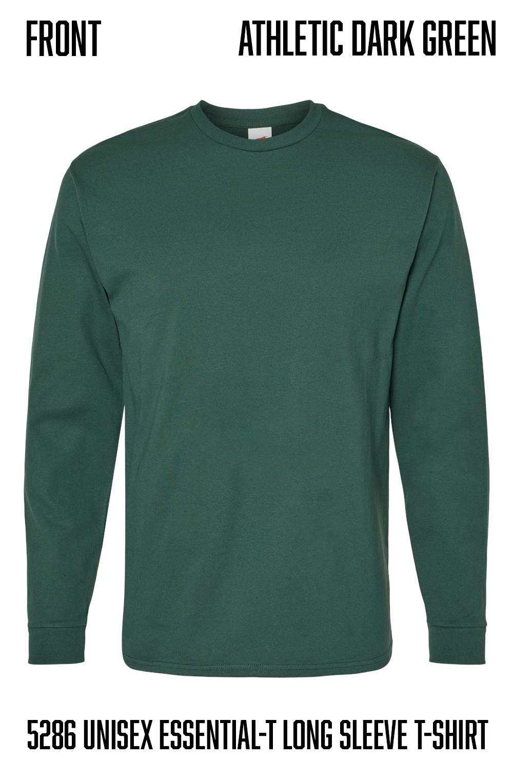 A dark green long-sleeve athletic t-shirt shown from the front on a white background, with text labels reading 'ATHLETIC DARK GREEN' and '5286 UNISEX ESSENTIAL-T LONG SLEEVE T-SHIRT'.