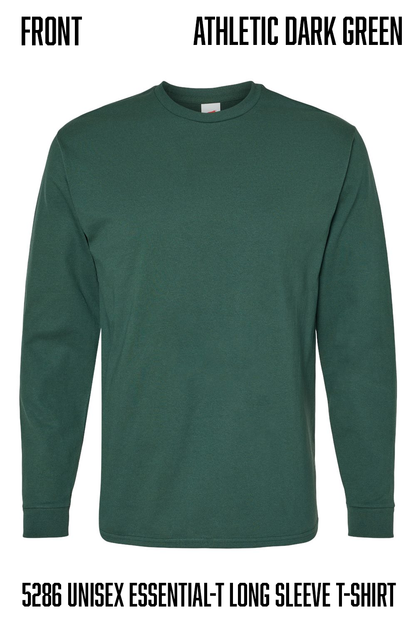 A dark green long-sleeve athletic t-shirt shown from the front on a white background, with text labels reading 'ATHLETIC DARK GREEN' and '5286 UNISEX ESSENTIAL-T LONG SLEEVE T-SHIRT'.