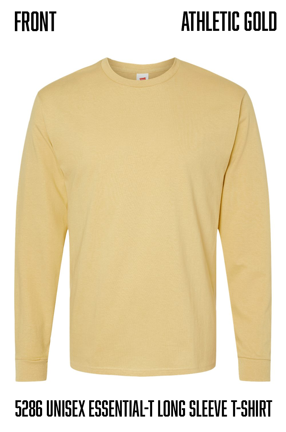 A light athletic gold long-sleeve crewneck t-shirt displayed on a white background with text overlays reading 'FRONT' and 'ATHLETIC GOLD' at the top, and '5286 UNISEX ESSENTIAL-T LONG SLEEVE T-SHIRT' at the bottom.