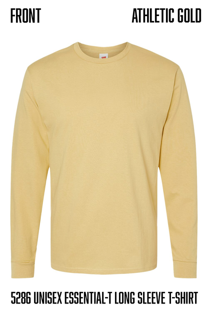 A light athletic gold long-sleeve crewneck t-shirt displayed on a white background with text overlays reading 'FRONT' and 'ATHLETIC GOLD' at the top, and '5286 UNISEX ESSENTIAL-T LONG SLEEVE T-SHIRT' at the bottom.