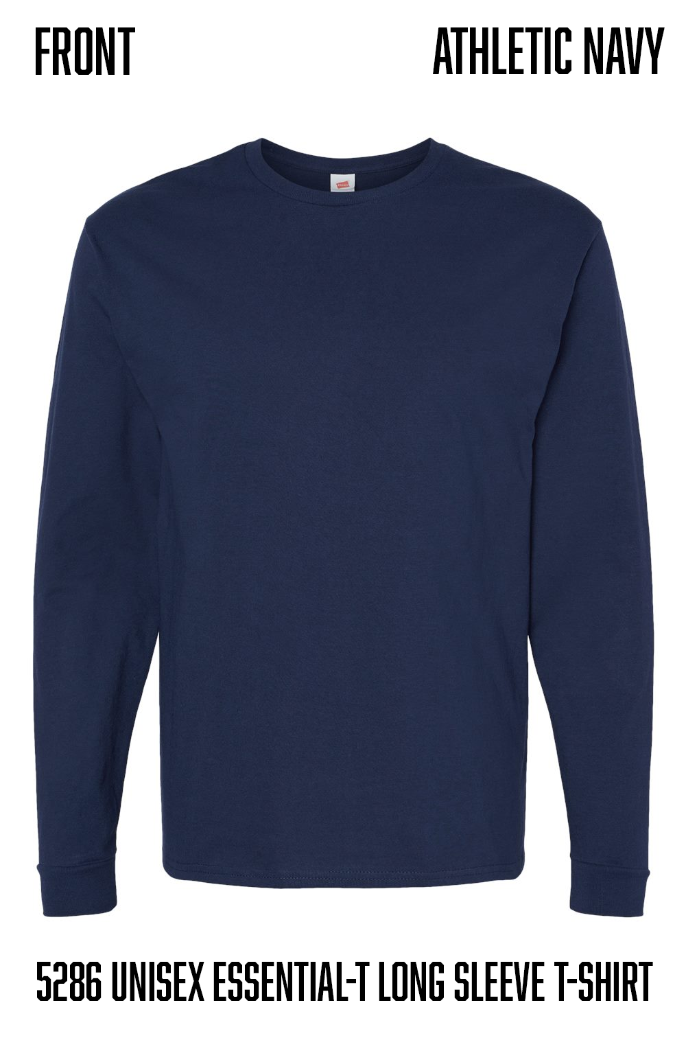 A navy blue long-sleeve crewneck t-shirt shown from the front on a white background, with text labels reading 'FRONT', 'ATHLETIC NAVY', and 'hanes 5286 UNISEX ESSENTIAL-T LONG SLEEVE T-SHIRT'.