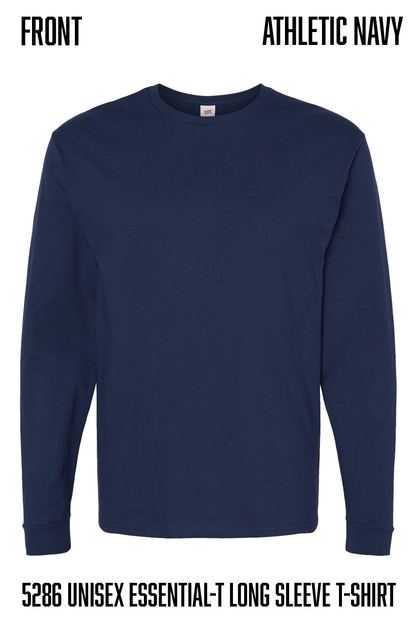 A navy blue long-sleeve crewneck t-shirt shown from the front on a white background, with text labels reading 'FRONT', 'ATHLETIC NAVY', and 'hanes 5286 UNISEX ESSENTIAL-T LONG SLEEVE T-SHIRT'.