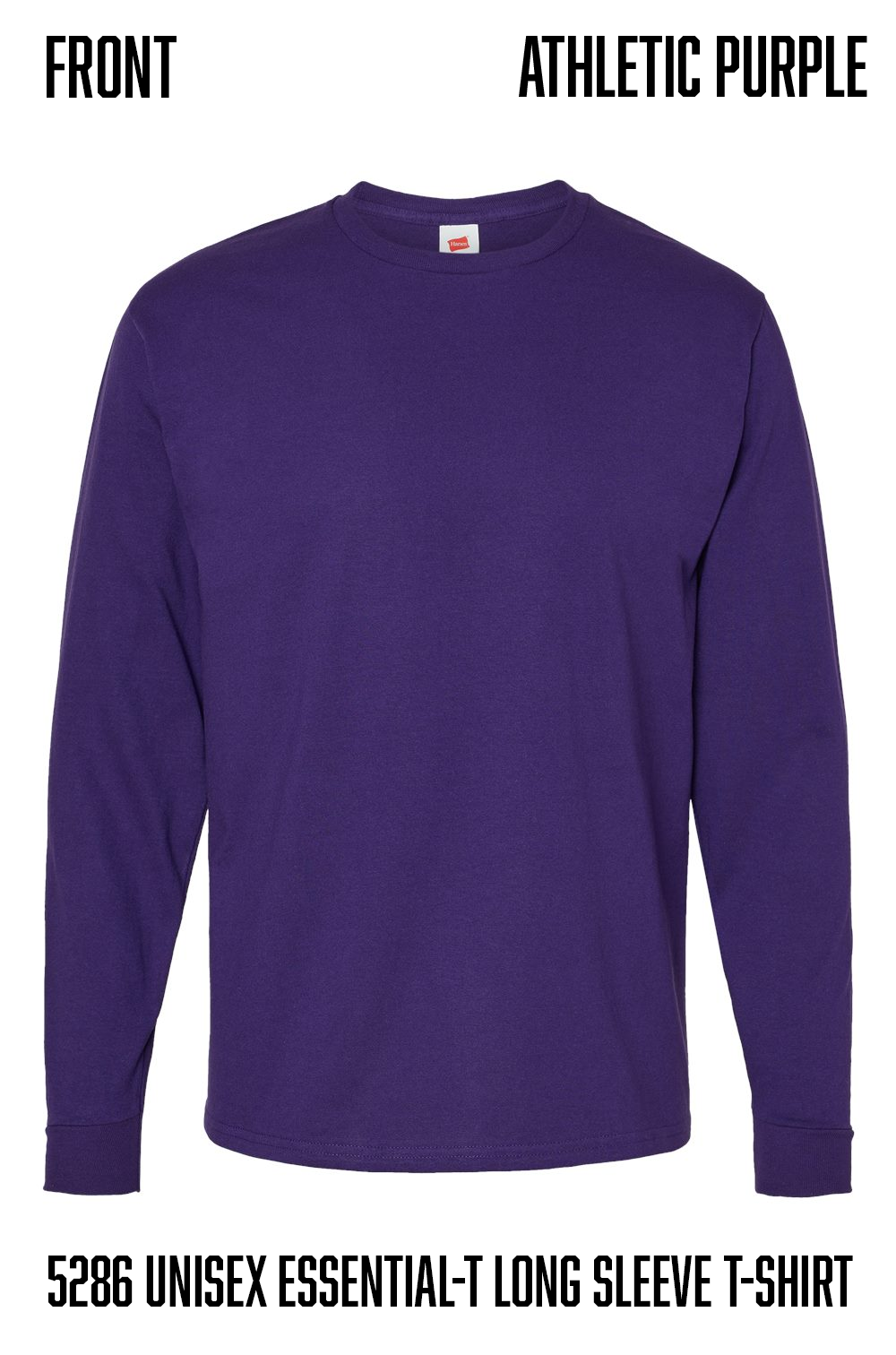A purple long-sleeve crewneck t-shirt shown from the front on a white background, with text labels reading 'FRONT', 'ATHLETIC PURPLE', and ' hanes  5286 UNISEX ESSENTIAL-T LONG SLEEVE T-SHIRT'.