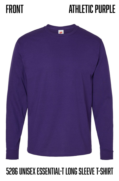 A purple long-sleeve crewneck t-shirt shown from the front on a white background, with text labels reading 'FRONT', 'ATHLETIC PURPLE', and ' hanes  5286 UNISEX ESSENTIAL-T LONG SLEEVE T-SHIRT'.