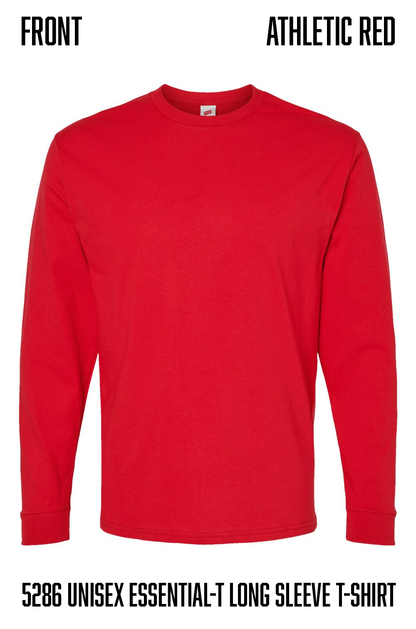 A bright red long-sleeve crewneck t-shirt shown flat against a white background, with text labels reading 'FRONT' and 'ATHLETIC RED' at the top and 'hanes 5286 UNISEX ESSENTIAL-T LONG SLEEVE T-SHIRT' at the bottom.