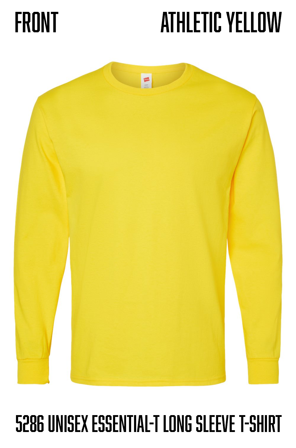 A bright athletic yellow long-sleeve t-shirt shown flat against a white background, with text labels reading 'FRONT' and 'ATHLETIC YELLOW' at the top and 'hanes  5286 UNISEX ESSENTIAL-T LONG SLEEVE T-SHIRT' at the bottom.