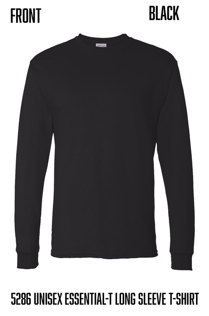 A black long-sleeve crewneck t-shirt displayed on a white background with text overlays reading 'FRONT', 'BLACK', and 'hanes 5286 UNISEX ESSENTIAL-T LONG SLEEVE T-SHIRT'.