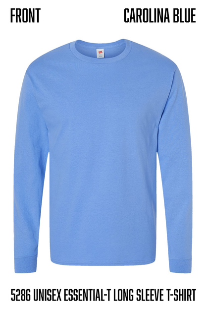 A light blue long-sleeve crewneck t-shirt shown from the front on a white background, with text labels reading 'FRONT', 'CAROLINA BLUE', and 'hanes  5286 UNISEX ESSENTIAL-T LONG SLEEVE T-SHIRT'.