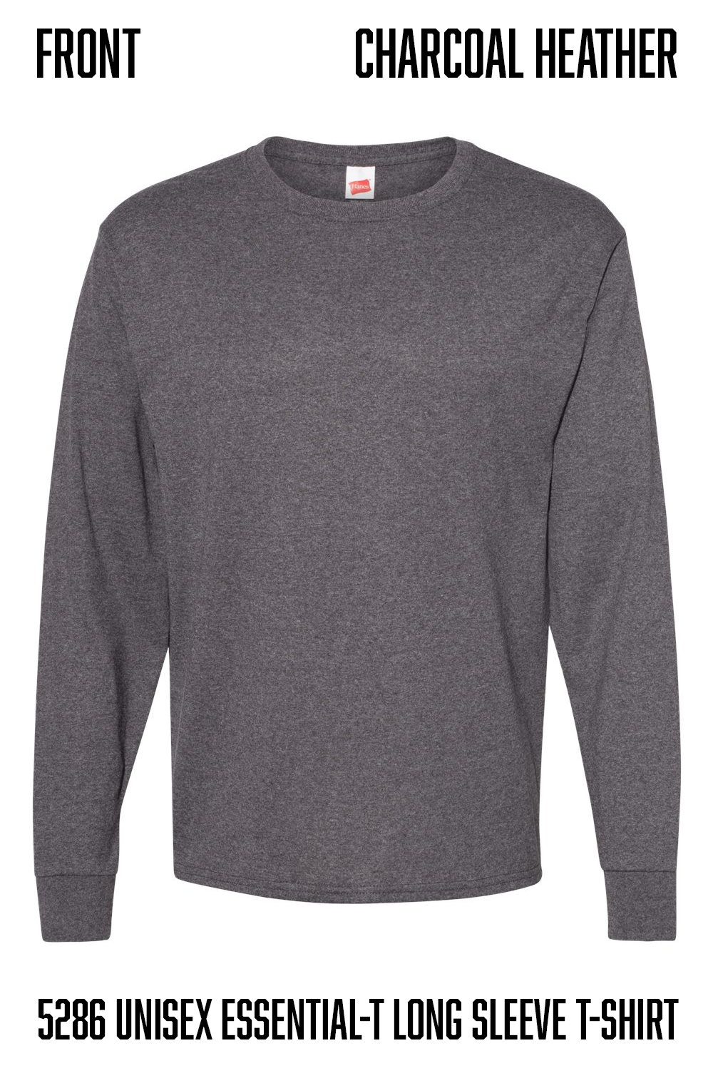 A charcoal heather long-sleeve t-shirt shown against a white background with text labels at the top and bottom reading 'FRONT' and 'CHARCOAL HEATHER' plus product code 'hanes 5286 UNISEX ESSENTIAL-T LONG SLEEVE T-SHIRT'.
