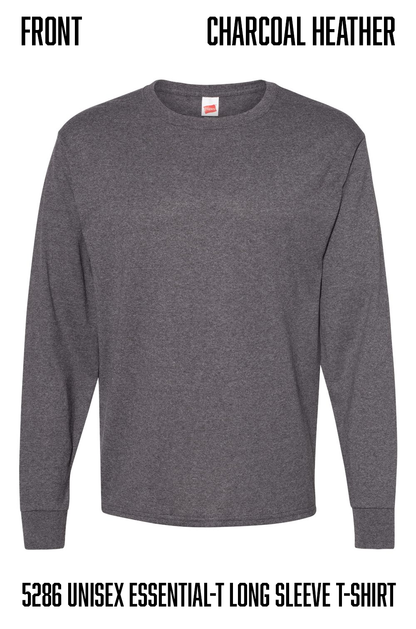 A charcoal heather long-sleeve t-shirt shown against a white background with text labels at the top and bottom reading 'FRONT' and 'CHARCOAL HEATHER' plus product code 'hanes 5286 UNISEX ESSENTIAL-T LONG SLEEVE T-SHIRT'.
