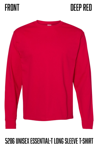 A bright deep red long-sleeve crewneck t-shirt shown flat against a white background, with text labels reading 'FRONT', 'DEEP RED', and 'hanes 5286 UNISEX ESSENTIAL-T LONG SLEEVE T-SHIRT' at the top and bottom.