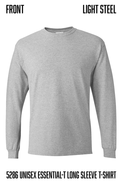 A light steel gray long-sleeve crewneck t-shirt shown on a white background with text labels indicating 'FRONT' and 'LIGHT STEEL' plus a model number at the bottom.