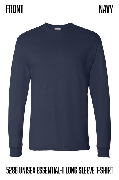 A navy blue long-sleeve crewneck t-shirt displayed on a white background with text overlays indicating 'FRONT' and 'NAVY' at the top, and 'hanes 5286 UNISEX ESSENTIAL-T LONG SLEEVE T-SHIRT' at the bottom.