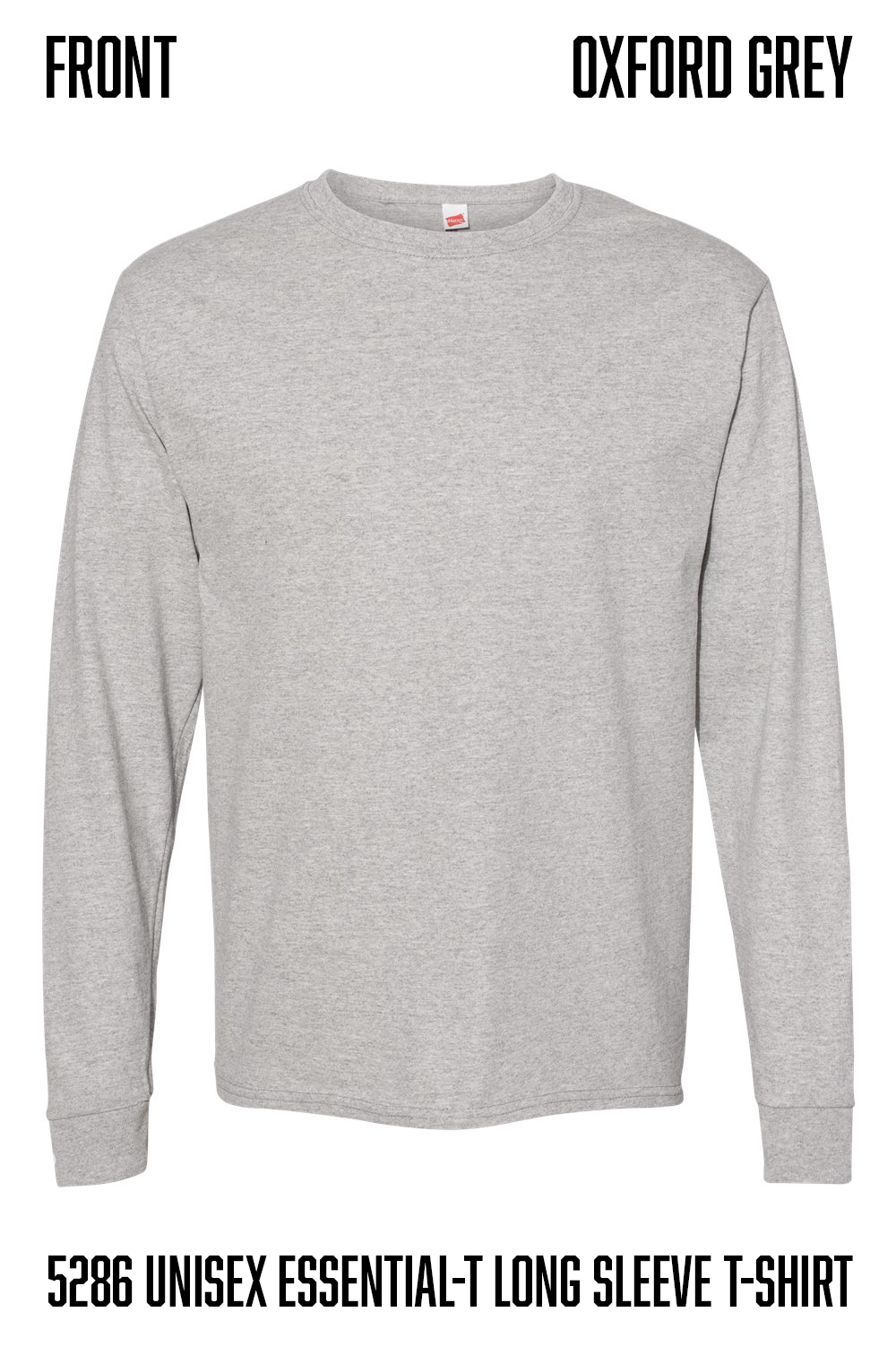 A light gray long-sleeve crewneck t-shirt shown from the front on a white background, with text overlays reading 'FRONT', 'OXFORD GREY', and 'hanes 5286 UNISEX ESSENTIAL-T LONG SLEEVE T-SHIRT'.