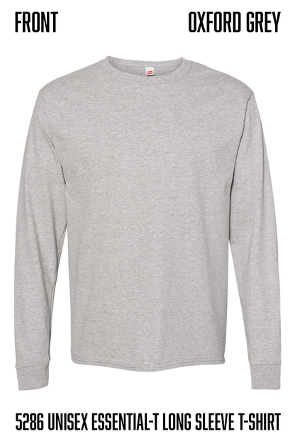 A light gray long-sleeve crewneck t-shirt shown from the front on a white background, with text overlays reading 'FRONT', 'OXFORD GREY', and 'hanes 5286 UNISEX ESSENTIAL-T LONG SLEEVE T-SHIRT'.