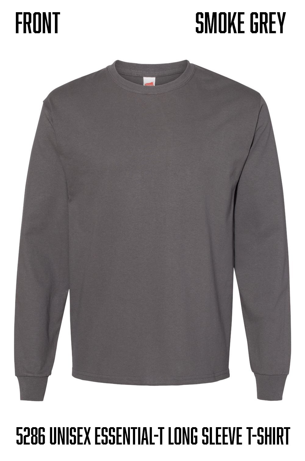 A dark smoke grey long-sleeve crewneck t-shirt shown from the front on a white background, with text labels indicating 'FRONT' and 'SMOKE GREY' and product code 'hanes 5286 UNISEX ESSENTIAL-T LONG SLEEVE T-SHIRT'.