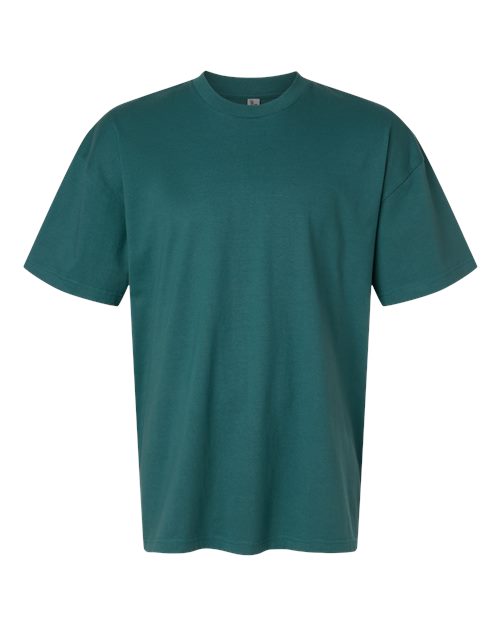 A dark teal green short-sleeve crewneck t-shirt displayed on a clean white background. Custom over size shirt print Next Level 7200