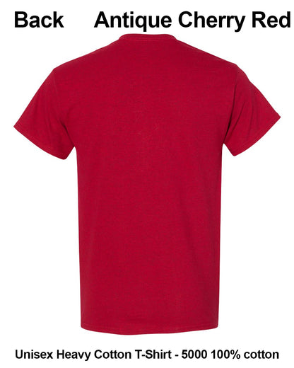 A red short-sleeve t-shirt shown from the back on a white background, with text indicating the color is 'Antique Cherry Red' and the material is 'Unisex Heavy Cotton T-Shirt - 5000 100% cotton'. custom t-shirt print