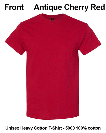 A solid red short-sleeve crewneck t-shirt shown from the front on a white background, with text overlays indicating the color is 'Antique Cherry Red' and the fabric is 'Unisex Heavy Cotton T-Shirt - 5000 100% cotton'. custom t-shirt print