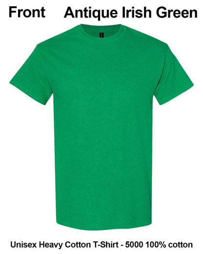 A bright green short-sleeve crewneck t-shirt shown flat against a white background, with text labels reading 'Front Antique Irish Green' at the top and 'Unisex Heavy Cotton T-Shirt - 5000 100% cotton' at the bottom. custom t-shirt print