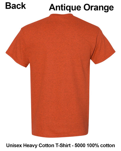 A heathered orange short-sleeve t-shirt shown from the back on a white background, with text labels reading 'Back' and 'Antique Orange' at the top and 'Unisex Heavy Cotton T-Shirt - 5000 100% cotton' at the bottom. custom t-shirt print